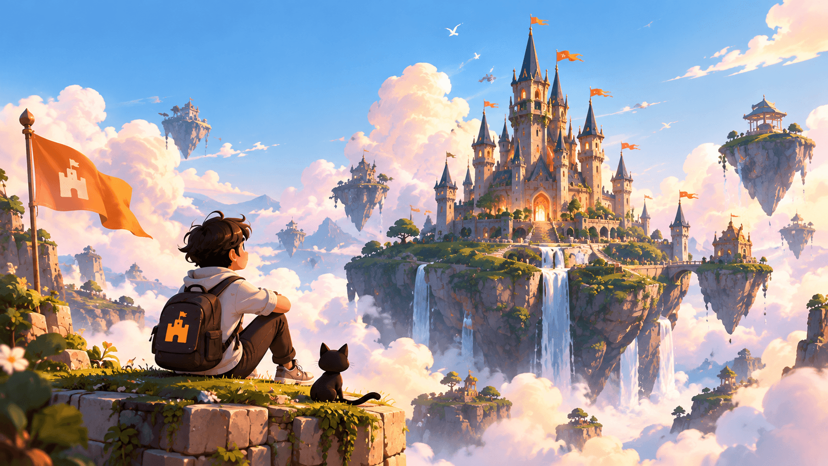Illustration: a builder and a black cat on a stone ledge, looking at a castle on floating islands above the clouds.