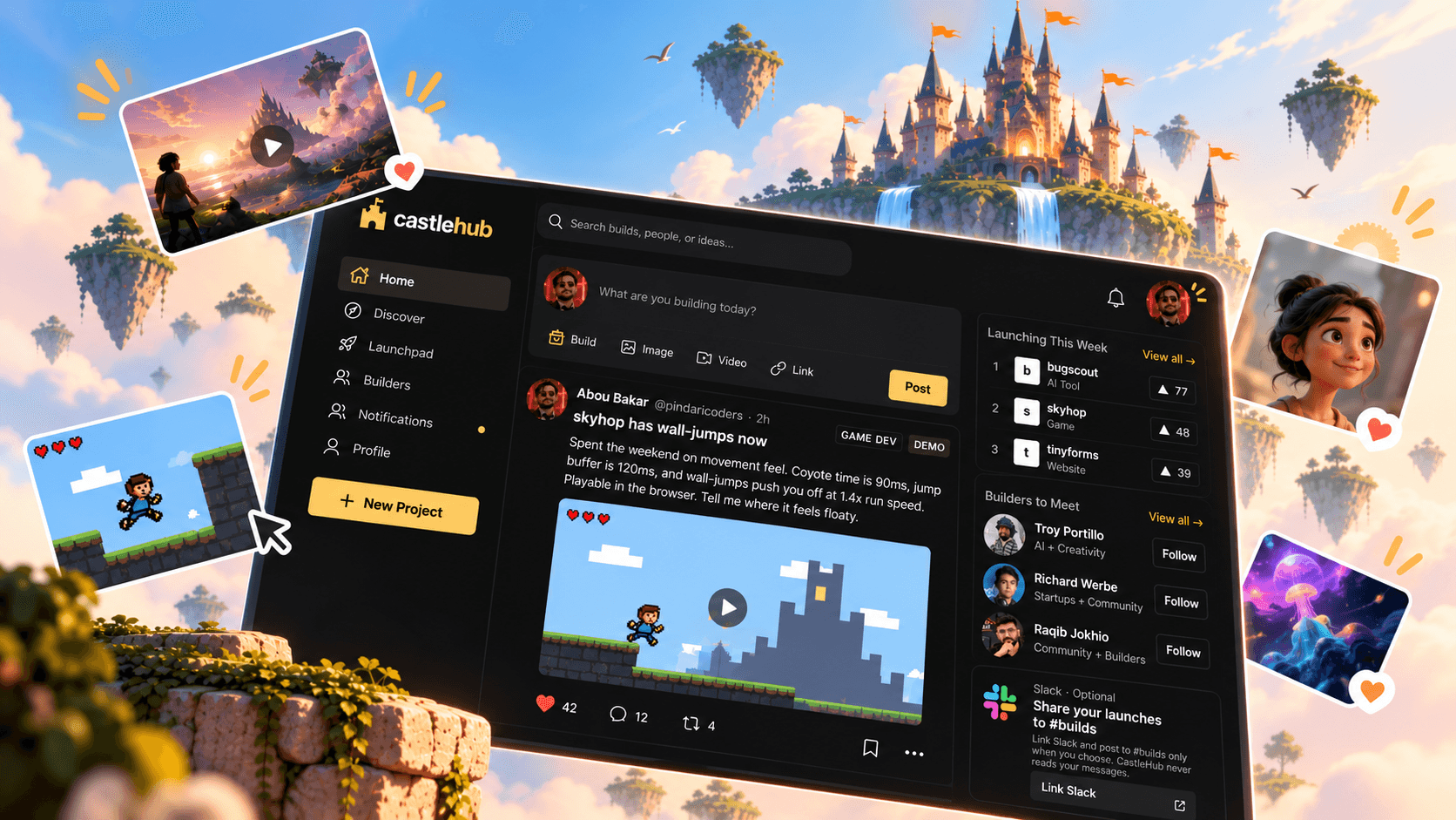 Concept illustration of CastleHub: a feed with a playable pixel game post, this week's launches and builders to meet, floating above the castle.
